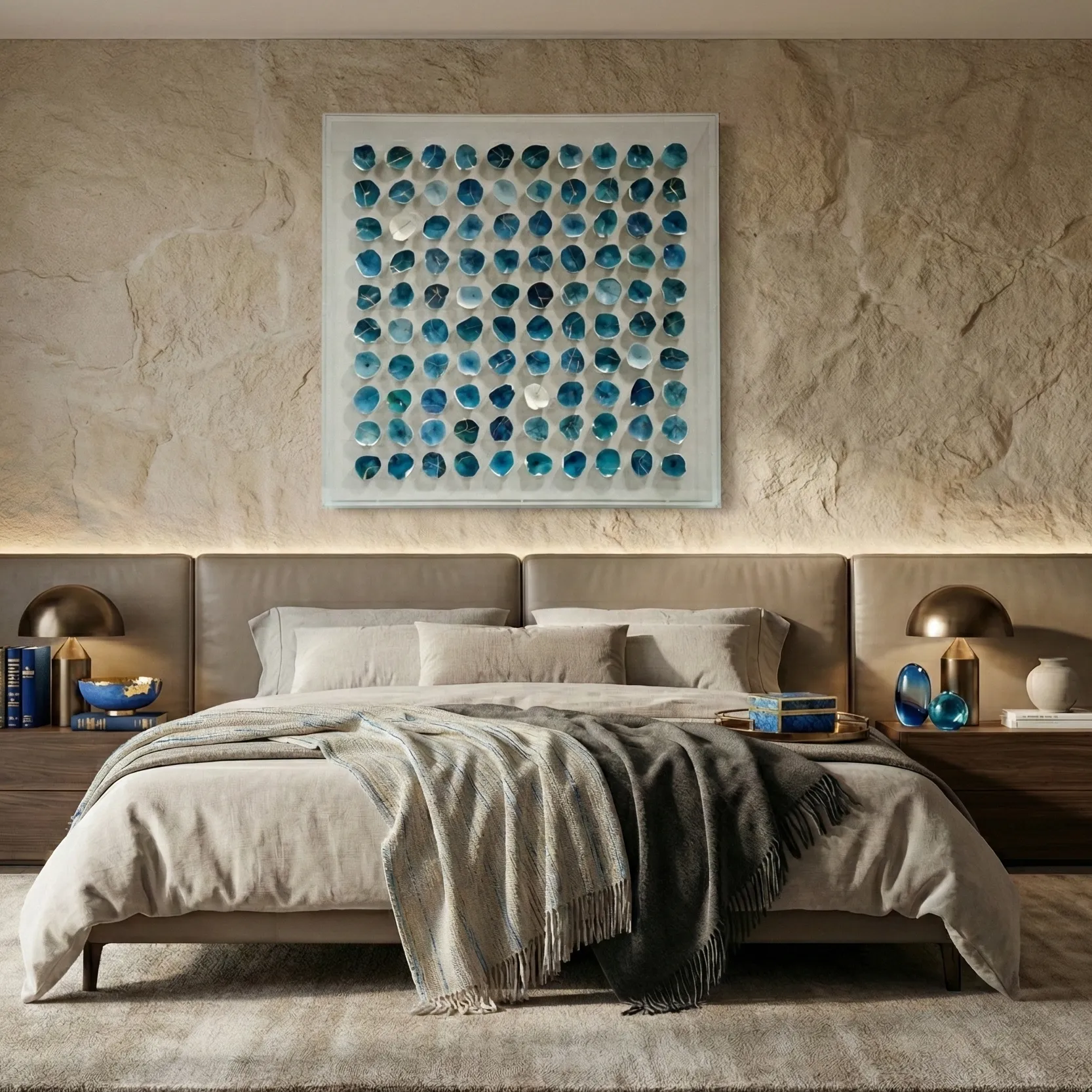 Azure Mosaic – 3D Modern Mixed Media Decor (2) Minimalist hand-painted canvas with geometric circular motifs in layered teal and cream tones, contemporary bedroom
