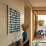 Gestural abstract hand-painted canvas featuring layered blue agate slices in tonal indigo and teal, contemporary entryway