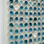 Gestural abstract hand-painted canvas in layered teal and navy with gold leaf kintsugi details, contemporary wall installation