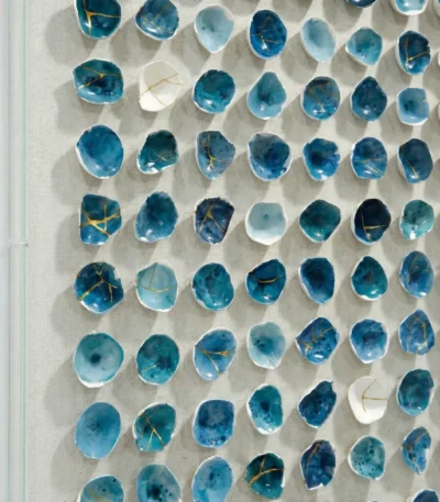 Gestural abstract hand-painted canvas in layered teal and navy with gold leaf kintsugi details, contemporary wall installation