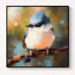 Impressionist hand-painted canvas of a blue jay perched on a branch in warm ochre and cool blue tones