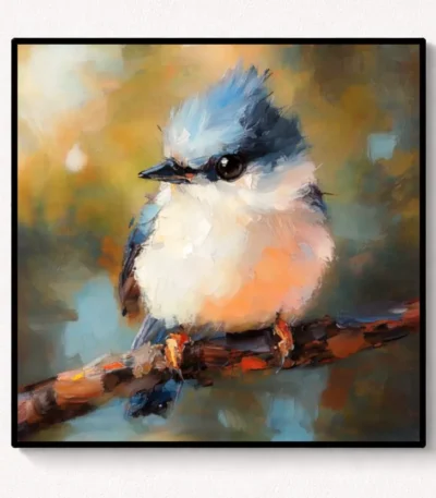 Impressionist hand-painted canvas of a blue jay perched on a branch in warm ochre and cool blue tones