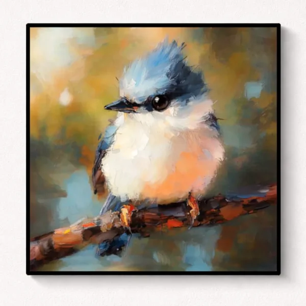 Loosely painted bird portrait in slate blue and peach perched on a branch with its reflection in water below, black frame