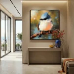 Gestural impressionist hand-painted canvas of a blue-crested bird perched on a branch in warm earth and ochre tones, contemporary entryway