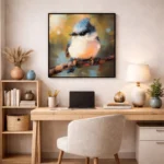 Impressionist hand-painted canvas of a blue jay perched on branch, warm ochre and cool blue tones, contemporary home office