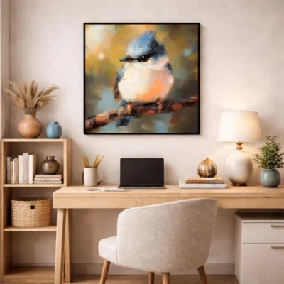 Impressionist hand-painted canvas of a blue jay perched on branch, warm ochre and cool blue tones, contemporary home office