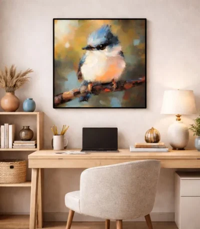 Impressionist hand-painted canvas of a blue jay perched on branch, warm ochre and cool blue tones, contemporary home office
