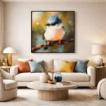 Contemporary figurative hand-painted canvas of a blue-crested bird perched on branch, warm golden and orange tones, modern living space