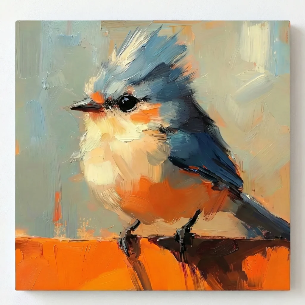 Gestural contemporary painting of a crested bird in blue and orange tones, hand-painted canvas with expressive brushwork