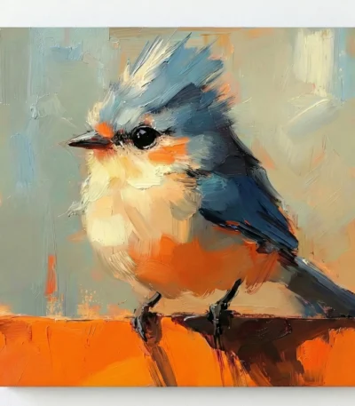 Gestural contemporary painting of a crested bird in blue and orange tones, hand-painted canvas with expressive brushwork