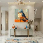 Gestural contemporary painting of a blue jay with vibrant orange breast in expressive brushstrokes, warm and cool tones, modern entryway