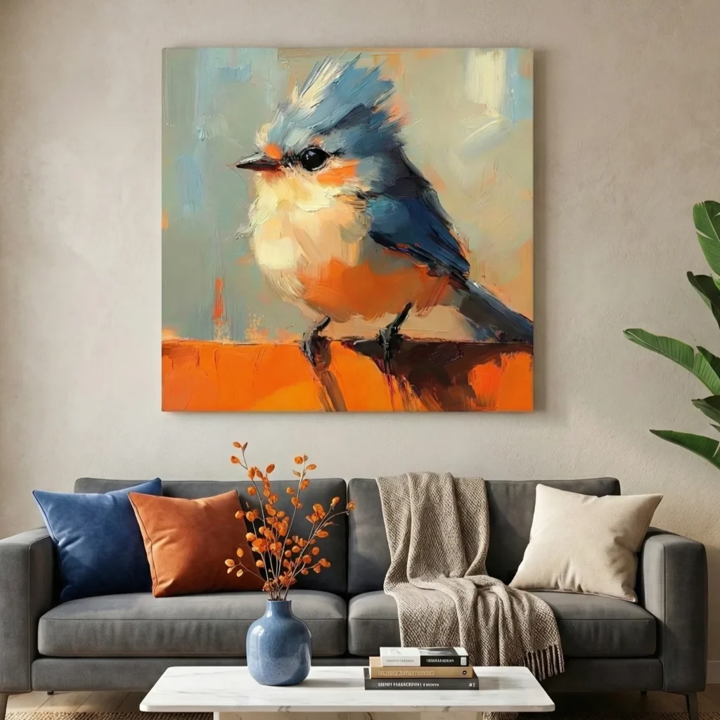 Contemporary figurative hand-painted canvas of a crested bird in blue and orange tones, modern living space