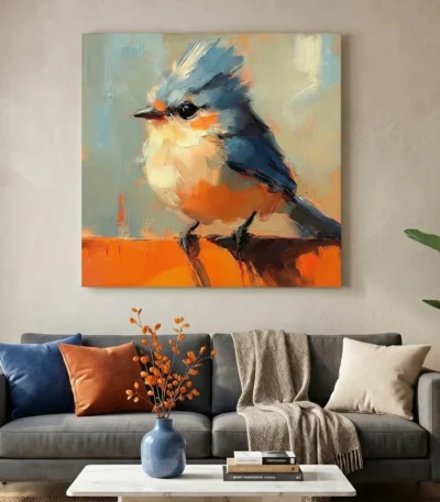 Contemporary figurative hand-painted canvas of a crested bird in blue and orange tones, modern living space