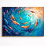 Gestural abstract hand-painted canvas depicting golden koi swimming in swirling turquoise waters with dynamic brushwork, contemporary living space