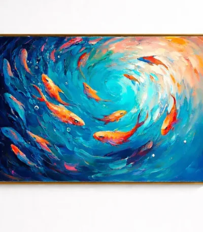 Gestural abstract hand-painted canvas depicting golden koi swimming in swirling turquoise waters with dynamic brushwork, contemporary living space