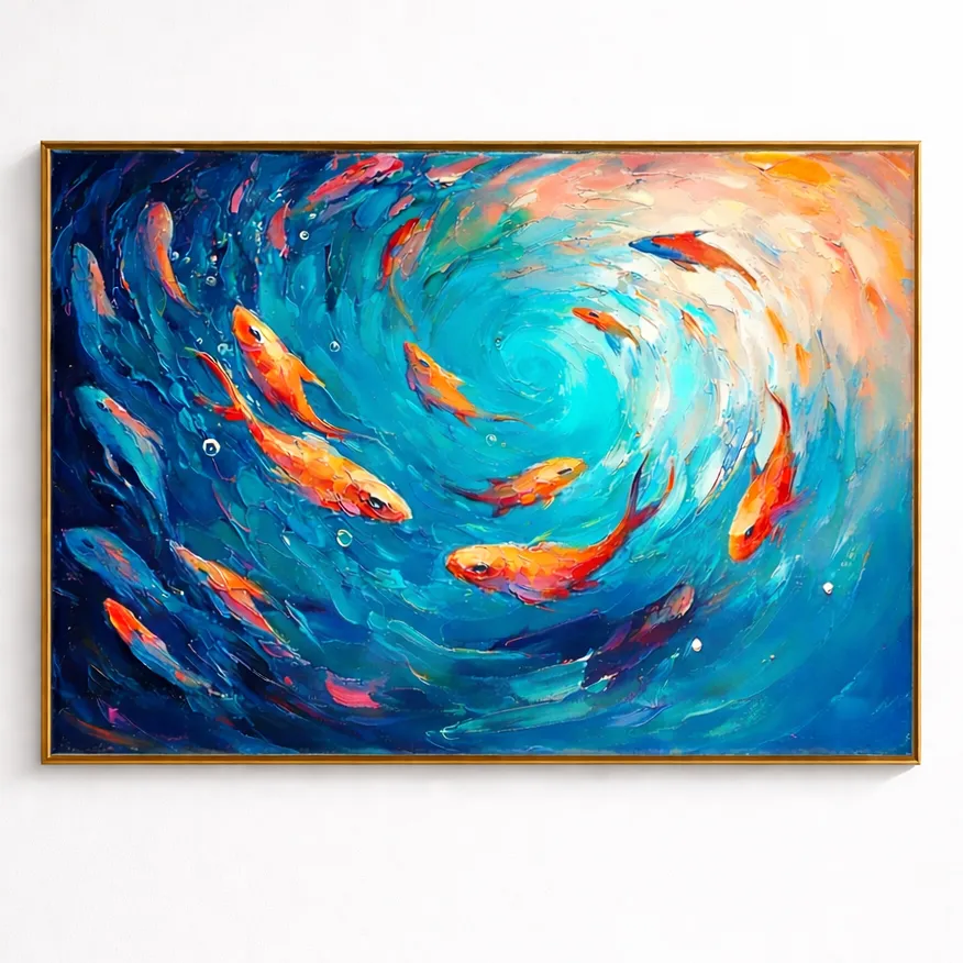 Gestural abstract hand-painted canvas depicting golden koi swimming in swirling turquoise waters with dynamic brushwork, contemporary living space