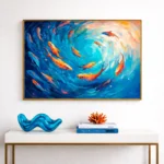 Gestural abstract hand-painted canvas depicting swirling koi fish in vibrant orange and turquoise tones, contemporary living space
