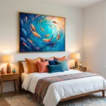 Gestural abstract hand-painted canvas depicting swirling koi fish in vibrant teals, oranges and deep blues, contemporary bedroom setting