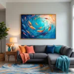 Gestural abstract hand-painted canvas depicting swirling koi fish in vibrant turquoise, orange and deep blue, contemporary living space