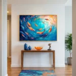 Gestural abstract hand-painted canvas depicting swirling golden fish in luminous turquoise and deep blue, modern entryway