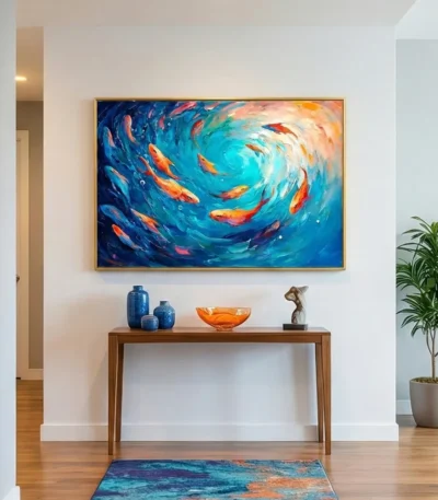 Gestural abstract hand-painted canvas depicting swirling golden fish in luminous turquoise and deep blue, modern entryway