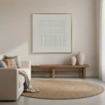 Minimalist hand-painted canvas with geometric grid and vertical line patterns in soft white tones, contemporary living space