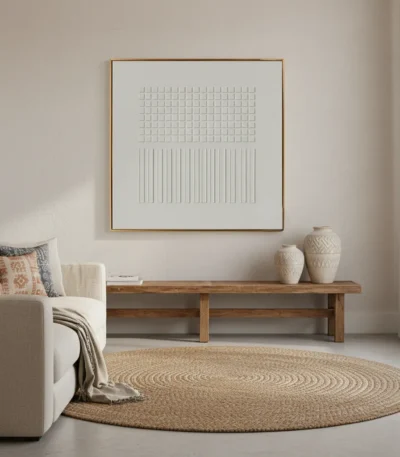 Minimalist hand-painted canvas with geometric grid and vertical line patterns in soft white tones, contemporary living space