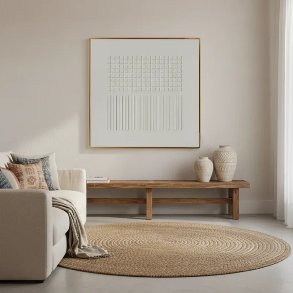 Minimalist hand-painted canvas with geometric grid and vertical line patterns in soft white tones, contemporary living space