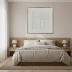 Minimalist hand-painted canvas with geometric grid and vertical line patterns in soft white and cream tones, modern bedroom