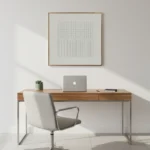 Minimalist textured hand-painted canvas with geometric grid and vertical line patterns in soft white and cream tones, contemporary workspace