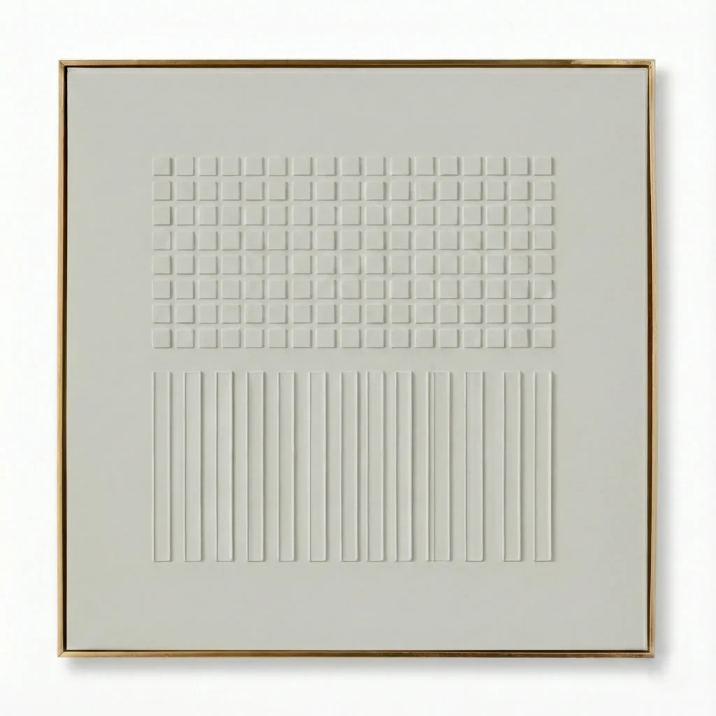 Minimalist hand-painted canvas featuring geometric grid and vertical line patterns in soft cream and white tones