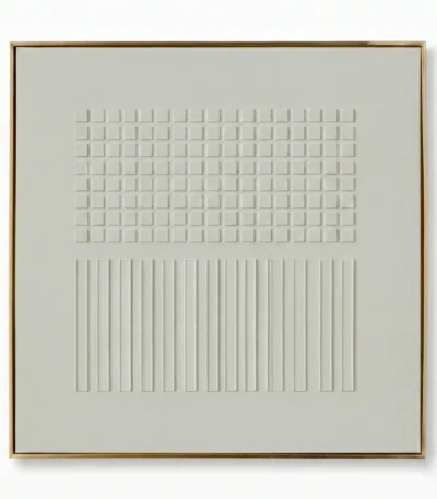 Minimalist hand-painted canvas featuring geometric grid and vertical line patterns in soft cream and white tones