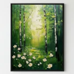Impressionist hand-painted canvas depicting birch forest with white flowers and dappled sunlight in green and yellow tones