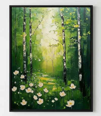 Impressionist hand-painted canvas depicting birch forest with white flowers and dappled sunlight in green and yellow tones