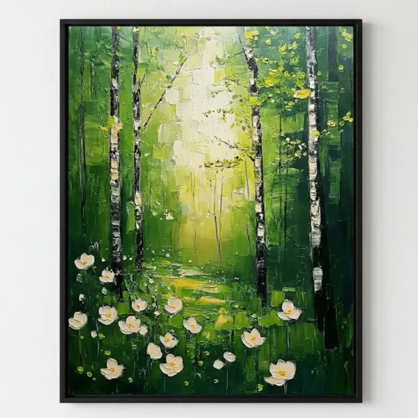Impressionist hand-painted canvas depicting birch forest with white flowers and dappled sunlight in green and yellow tones