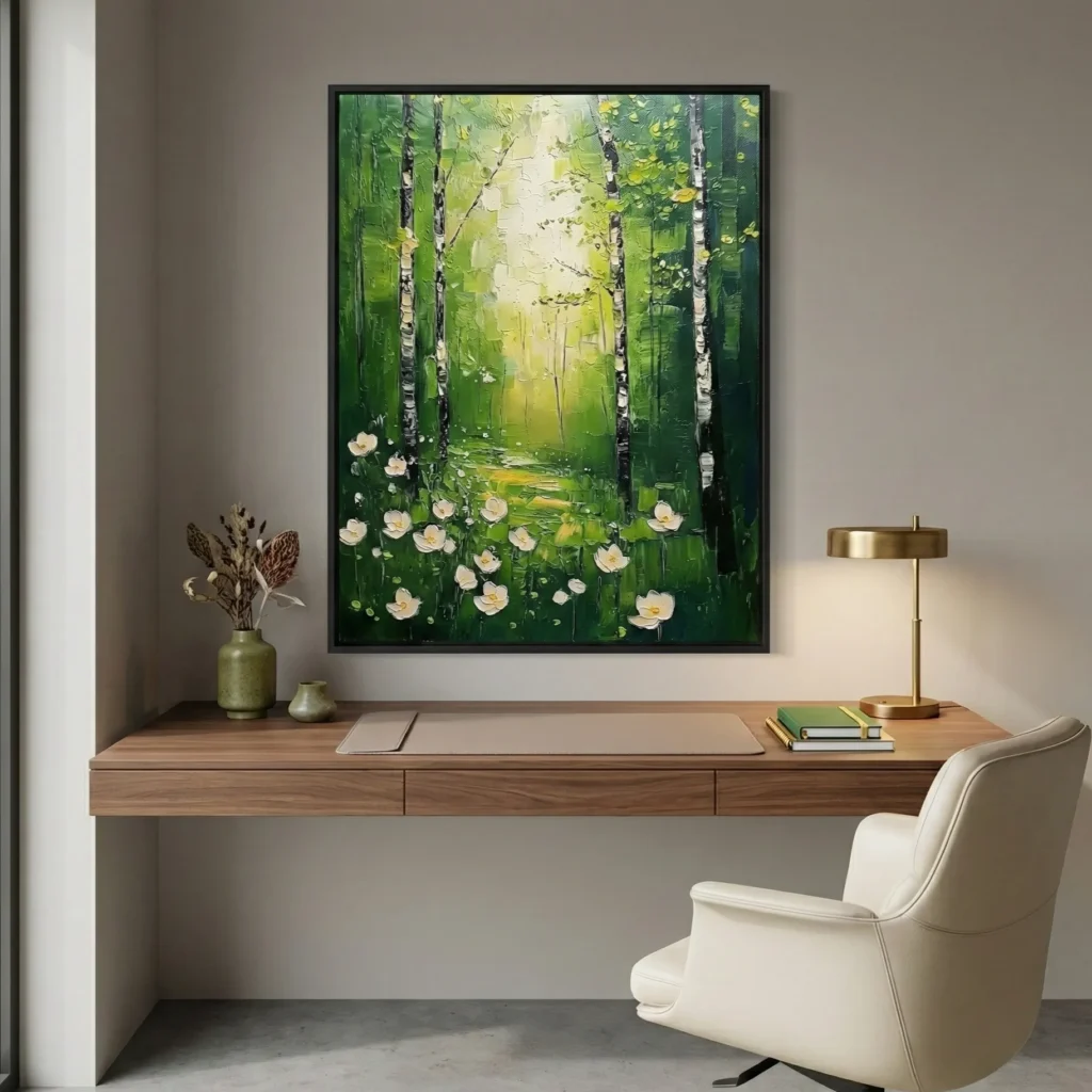Dappled Grove textured wall art shown framed on the wall in a styled interior