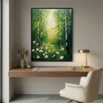 Impressionist hand-painted canvas depicting birch forest with white wildflowers and luminous sky in verdant greens and cream, contemporary workspace