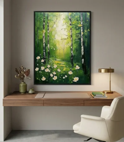 Impressionist hand-painted canvas depicting birch forest with white wildflowers and luminous sky in verdant greens and cream, contemporary workspace