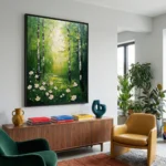 Impressionist hand-painted canvas depicting a sunlit birch forest with white wildflowers, layered in luminous greens and cream tones, contemporary living space