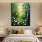 Impressionist hand-painted canvas depicting birch forest with white flowers in luminous greens and yellows, modern bedroom