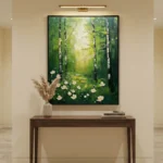 Impressionist hand-painted canvas depicting birch forest with luminous yellow-green light and white wildflowers, contemporary entryway