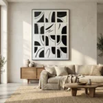 Minimalist black and white hand-painted canvas with geometric curved grid composition, monochrome palette, contemporary living space