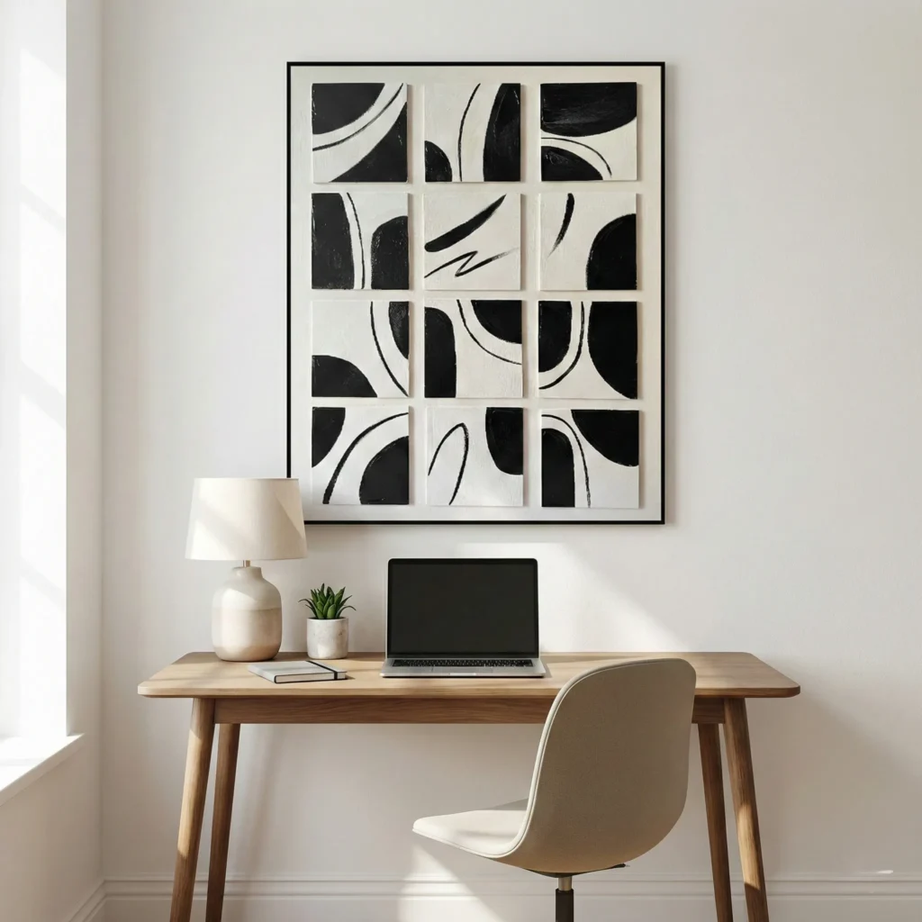Minimalist abstract hand-painted canvas with bold black curved forms and gestural lines in monochrome, contemporary workspace