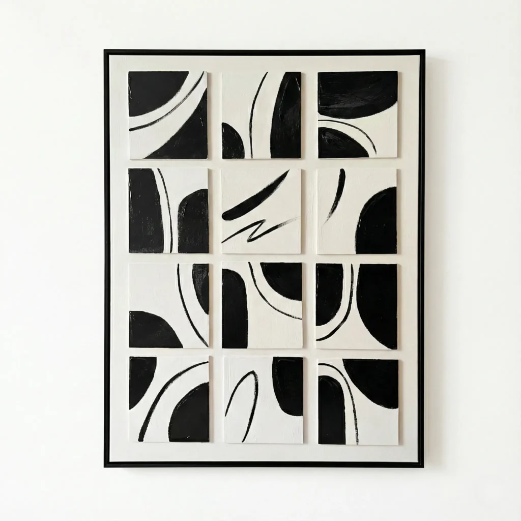 Minimalist hand-painted canvas with geometric black shapes and curved lines on cream background, contemporary wall art