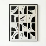 Minimalist hand-painted canvas with geometric black shapes and curved lines on cream background, contemporary wall art