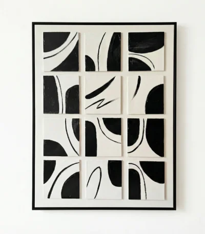 Minimalist hand-painted canvas with geometric black shapes and curved lines on cream background, contemporary wall art