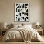 Minimalist abstract hand-painted canvas with geometric black shapes and curved lines in monochrome, contemporary bedroom