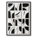 Grid of twelve raised tiles each with overlapping black arc shapes on white, black frame