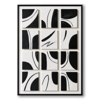 Grid of twelve raised tiles each with overlapping black arc shapes on white, black frame