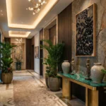 Textured abstract hand-painted canvas in dramatic black tones with dimensional relief details, luxury foyer setting